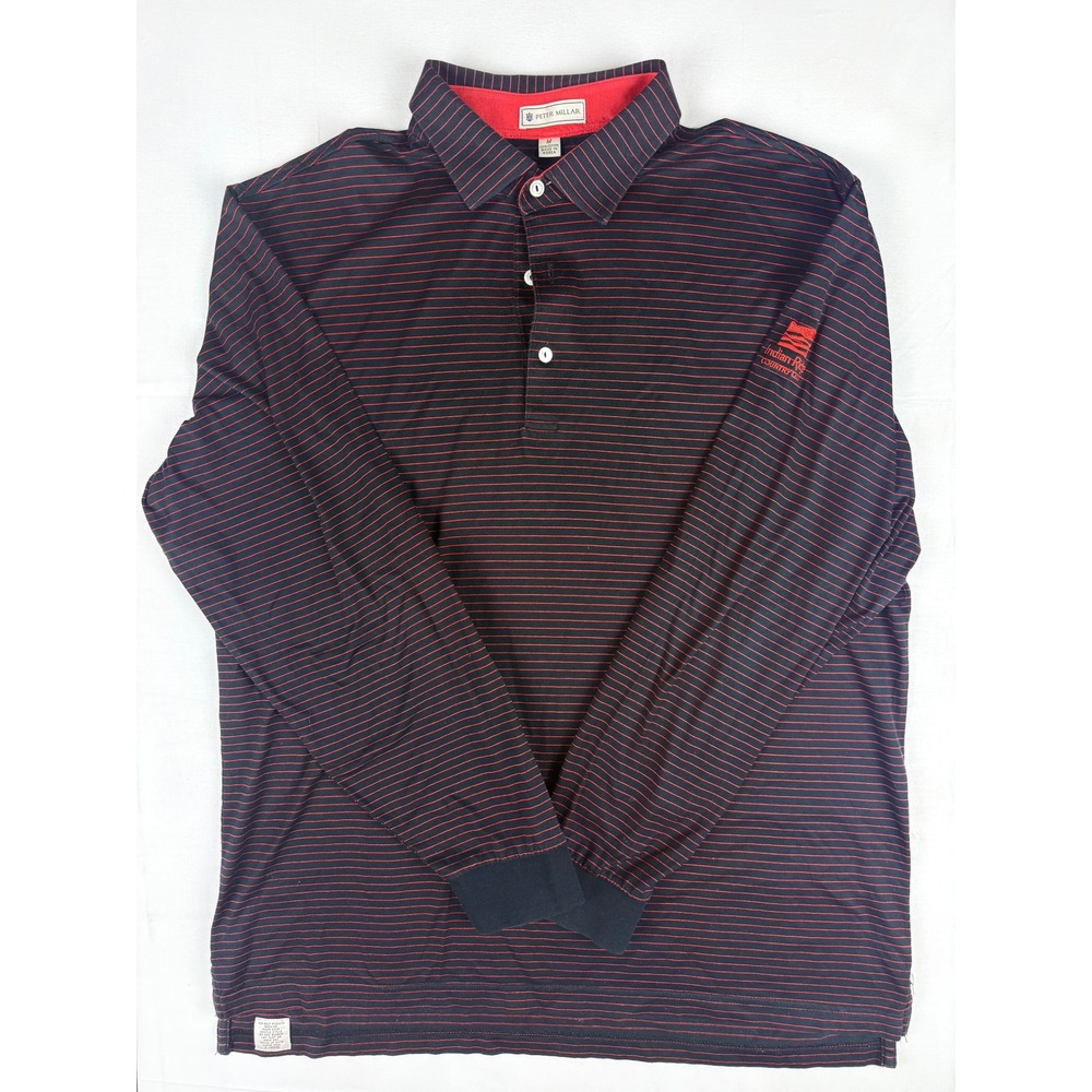 Peter Millar Polo Shirt M Black Red Striped Indian Ridge CC Long Sleeve Cotton
